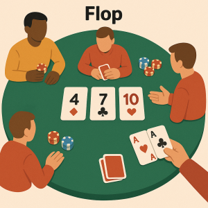 Ilustracija flop faze u Texas Hold'em pokeru: tri zajedničke karte su otvorene na stolu, a igrači procenjuju kombinacije, outs i potencijalne pretnje od protivnika.