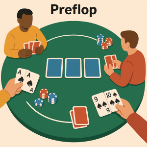 Preflop u Teksas Holdem pokeru se pokazuje kroz igrače koji drže početne ruke kao što su AA i konektori boje, dok zajedničke karte još nisu otkrivene.