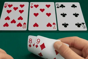 Ilustracija straight poker kombinacije: pet uzastopnih karata različitih boja poređanih na stolu uz poker žetone.